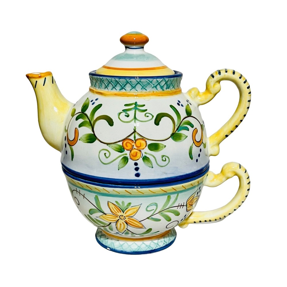 Genuine Sonoma Home Goods Blue Yellow Tea Pot Tea-Cup Nesting Set 6 x 6 3/4"